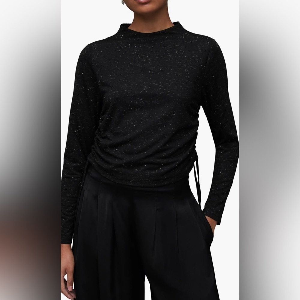 NEW All Saints Black Ruched Wide Funnel Neck Long Sleeve Crop Top